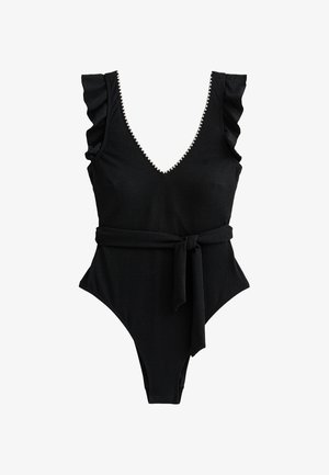 Zwarte badpak met ruffle schouderbanden, diepe V-halslijn, textuur stof en een strikriem in de taille. Bevat decoratieve stiksel.