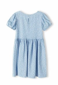 Hellblaues Baumwollkleid mit kurzen Puffärmeln, einem runden Ausschnitt und einem gerafften Rock. Es hat ein kleines Blumenmuster und einen Knopfverschluss auf der Rückseite.