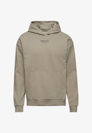 Beige hoodie met een kangoeroe-kant, ribbelboorden en zoom, met het "HALO"-logo in donkerblauw op de borst. Gemaakt van zachte, gestructureerde stof.