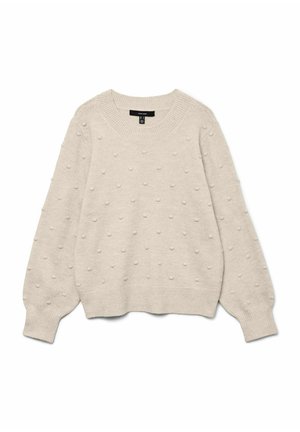 Pull en tricot beige avec un col rond. Présente des motifs en points en relief sur l'ensemble et des poignets et un ourlet côtelés. Texture douce, coupe décontractée.
