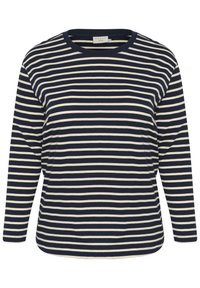 Navy and cream striped long-sleeve t-shirt with a round neckline and casual fit. Made from a soft fabric with a smooth texture.
