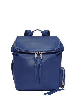 Blue leather backpack with a fold-over flap and silver zipper. Features two zipper pulls, side pocket, and adjustable shoulder straps.
