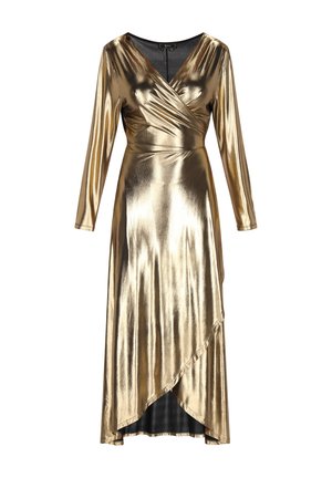 Gouden, metallic jurk met lange mouwen, een wikkelontwerp, V-hals en asymmetrische zoom. Soepele textuur met een lichte glans.