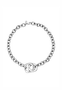 Srebrna bransoletka z łańcuszkiem o splatających się owalnych ogniwach i centralnym węzłem, z polerowanym wykończeniem i bezpiecznym zapięciem.