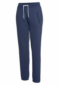 Marineblaue Jogginghosen aus weichem Stoff mit einem Kordelzugbund, zwei seitlichen Taschen und engen Bündchen am Knöchel.