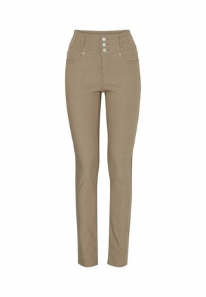 Högmidjade, beige denimbyxor med smal passform, fem fickor och tre silverknappar fram. Slät textur, minimal sömnad.