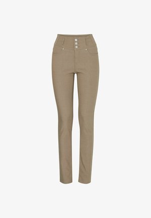 Korkeavyötäröiset, beige farkut, joissa on kapea istuvuus, viisi taskua ja kolme hopeista nappia edessä. Sujuva pinta, minimaalinen ompelu.