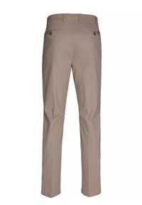 Beige cotton trousers with a straight-leg fit, featuring two back pockets with button closures and belt loops. Smooth texture, no patterns.