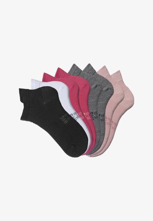 Set of ankle socks in black, white, pink, gray, and light pink. Features ribbed cuffs and varying solid colors, with logo on black sock.