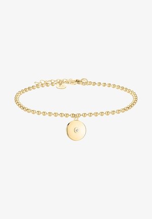 Gouden kralenarmband met verstelbare ketting en ronde hanger met een kleine centrale diamant of kristal.
