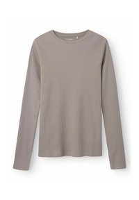 Langärmliges T-Shirt in hellem Taupe, aus geripptem Stoff. Verfügt über einen runden Halsausschnitt und einen geraden Saum, mit minimaler Detailgestaltung.