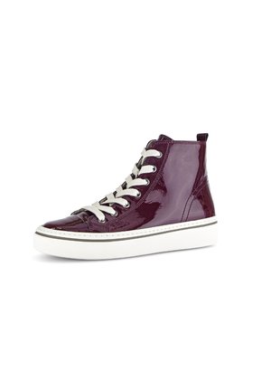 High-top sneakers in glossy dark purple patent leather with light gray laces, white rubber sole, and contrasting stitching detail.