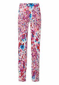 Slim-fit broek met een levendige roze, rode en blauwe bloemenprint op een witte achtergrond, voorzien van een tailleband en zijzakken.