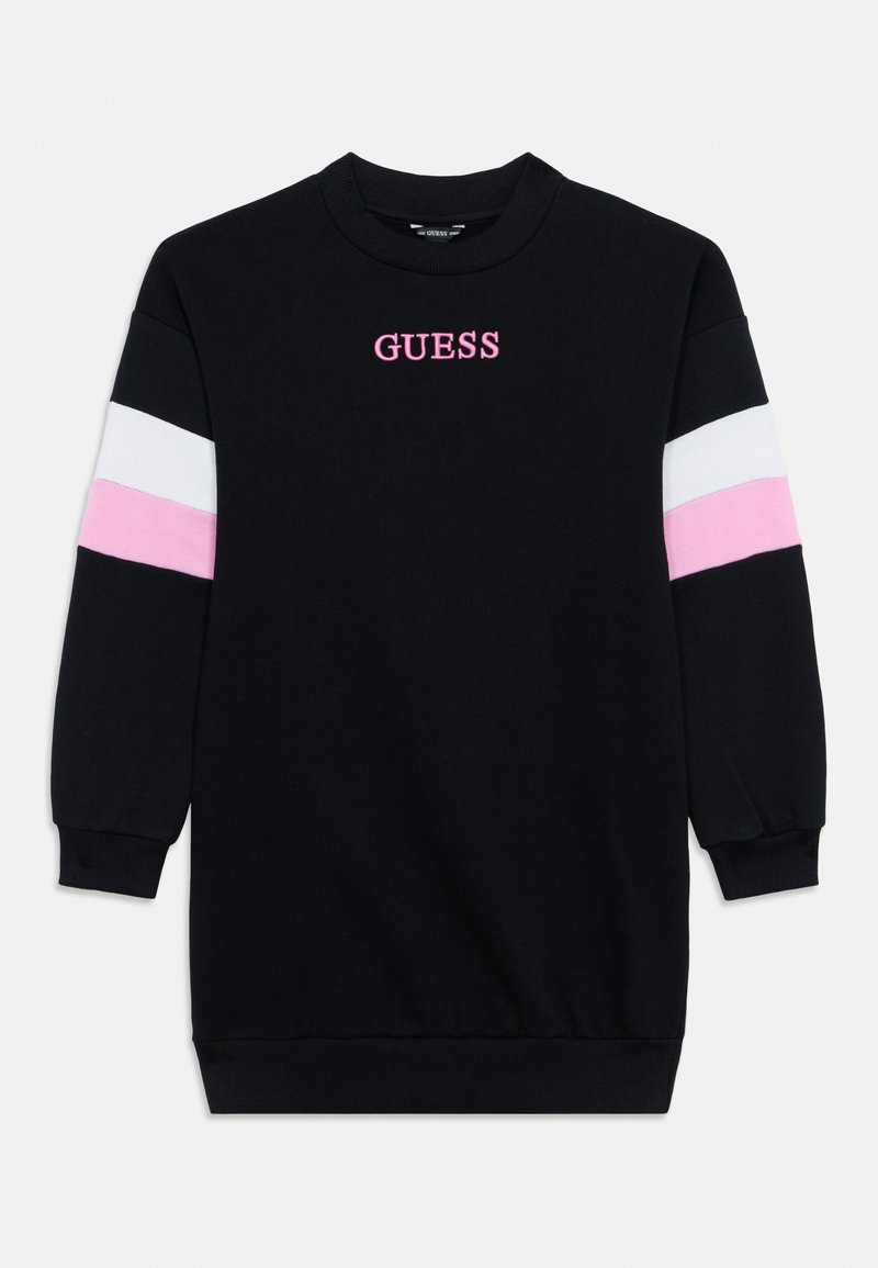 Μαύρο φούτερ με ριμπ μανσέτες και τελείωμα. Διαθέτει αντίθετες ροζ και λευκές ρίγες στα μανίκια και κεντημένο λογότυπο «GUESS» σε ροζ.