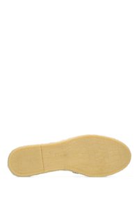 Suela de un zapato, material de goma, superficie texturizada con un patrón de cuadrícula, color beige, diseño plano, bordes ligeramente elevados a lo largo del perímetro.