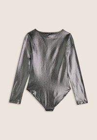 Body a maniche lunghe in tessuto nero metallizzato lucido, con scollo a U e design aderente con fondo stile perizoma.