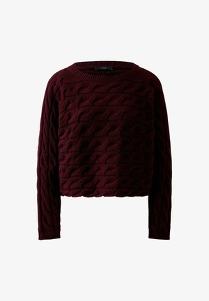Burgundy knitted sweater featuring a textured wave pattern, crew neckline, and long sleeves, with a cropped length and ribbed cuffs.