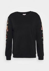 Czarna bluza z kolorowym haftem kwiatowym na rękawach, okrągłym dekoltem oraz ribbowymi mankietami i dołem. Wykonana z miękkiego bawełnianego materiału.