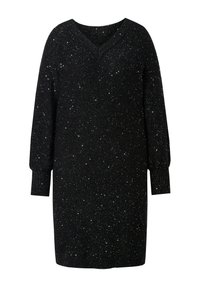 Mustat neulemekko, jossa on V-pääntie, pitkät puffi hihat ja kimaltava pinta, jossa on hopeisia täpliä.