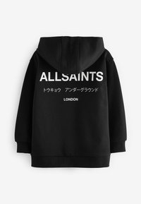 Felpa nera con cappuccio e grande logo bianco "ALLSAINTS" sul retro, con ulteriore testo in giapponese e "LONDRA" sotto. Tessuto di cotone morbido.