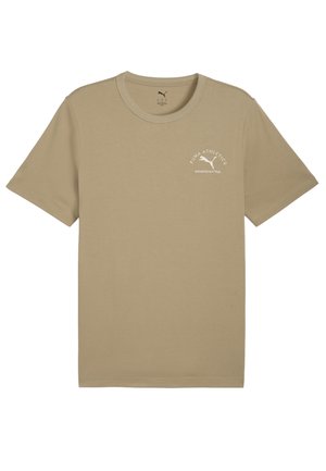 Béžové tričko s krátkym rukávom, z bavlny, s dizajnom okrúhleho výstrihu, na ľavej strane hrude s bielym logom Puma a textom.