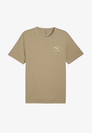Béžové tričko s krátkym rukávom, z bavlny, s dizajnom okrúhleho výstrihu, na ľavej strane hrude s bielym logom Puma a textom.