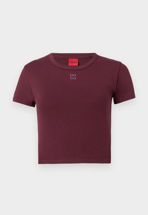 Burgundy short-sleeve T-shirt made of cotton, featuring a round neckline and embroidered "HUGO" logo in light purple on the front.