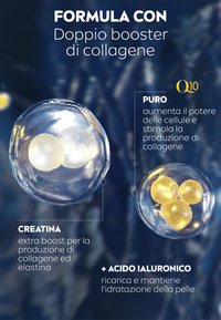 Booster di collagene: due sfere trasparenti con contenuti interni luminosi, etichettate "Creatina" e "Acido Ialuronico," su uno sfondo scuro.