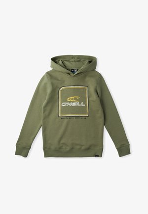 Zielona bluza z kapturem z logo O'Neill i napisem „California Santa Cruz” na środku przodu, z długimi rękawami oraz ściągaczami przy mankietach i dolnym brzegu.