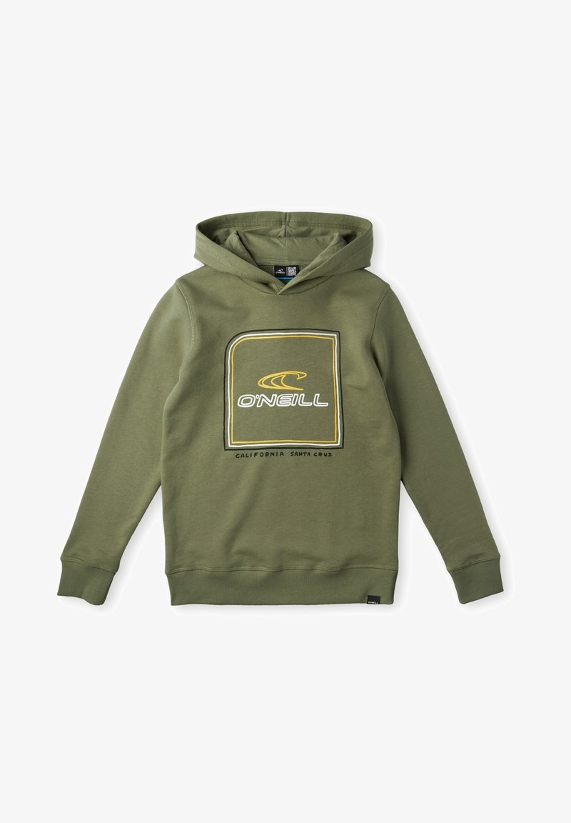Sweat à capuche vert avec le logo O'Neill et le texte "California Santa Cruz" centré sur le devant, manches longues, poignets et ourlet côtelés.