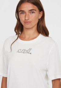 White cotton t-shirt featuring a crew neckline and short sleeves, with a grey script logo "O'Neill" centered on the chest.