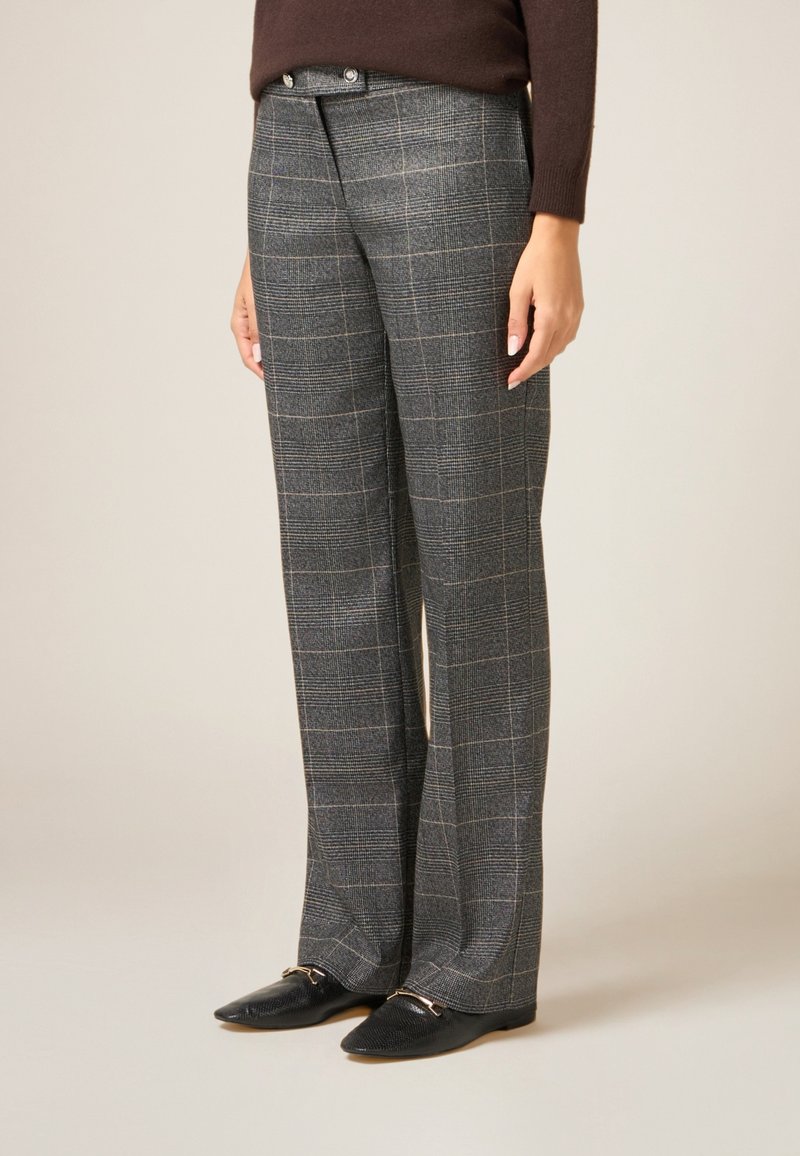 Gray plaid trousers with a straight leg design, accentuated by light check patterns and a subtle texture, paired with black loafers.