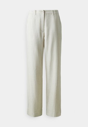 Linen trousers in a light beige color. Straight-leg design with a single button closure and front pockets. Smooth, textured fabric.