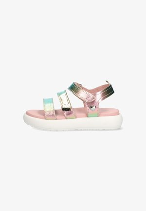 Metallic pink sandals with three wide straps, soft pink insole, and a white sole, featuring a small heart detail on the side.