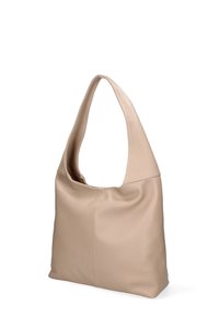 Beige leren schoudertas met een zachte textuur, een gebogen schouderband en een ruime indeling. Heeft minimale naden en een eenvoudige silhouet.