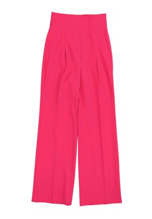 Pantalones de tiro alto y pierna ancha en rosa brillante con pliegues en la parte delantera y una cintura lisa sobre un fondo blanco.