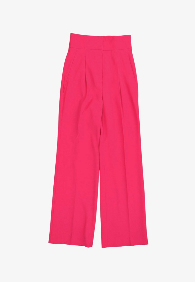 Pantalon taille haute à jambes larges rose vif avec plis à l'avant et ceinture lisse sur fond blanc.