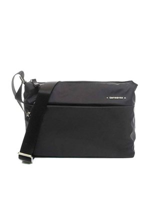 Borsa a tracolla rettangolare nera Samsonite con tracolla regolabile e chiusura superiore con cerniera su sfondo bianco.