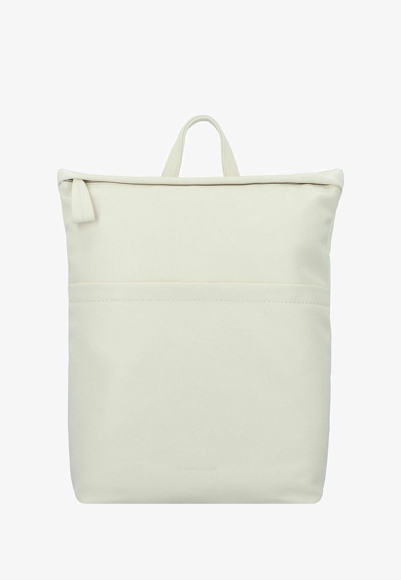 Zaino bianco in materiale sintetico con texture liscia. Presenta una maniglia superiore e una tasca frontale con zip. Design minimalista, senza dettagli visibili.