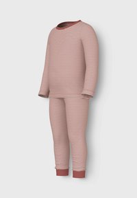 Gestreepte katoenen pyjama set met lange mouwen, voorzien van rode en crèmekleurige horizontale strepen, effen rode boorden en een ronde halslijn.