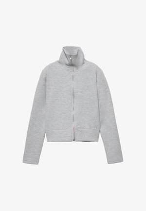 Világosszürke, teljes cipzáras dzseki magas gallérral, hosszú ujjakkal és egyenes szegéllyel, puha, sima anyagból készült.