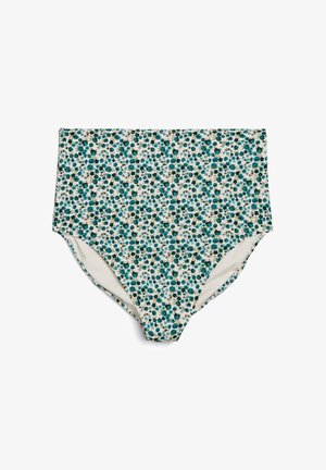 Bas de bikini taille haute avec une base blanche arborant un motif floral en teal, marine et doré. Texture lisse et ouvertures de jambes arrondies.