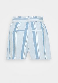 Gestreifte blaue Shorts aus leichtem Stoff, mit vertikalen Linien in unterschiedlichen Schattierungen, zwei Gesäßtaschen und einem schlichten Bund.