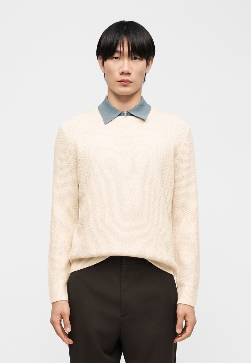 Young man standing, wearing a cream textured sweater over a blue collared shirt and dark brown trousers against a plain background.