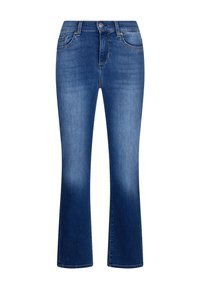 Blugi albastri din denim cu talie medie, închidere frontală cu nasturi și fermoar, și picioare ușor evazate.