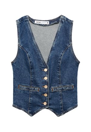 Farkkutakki, jossa on V-aukko, viisi etupainiketta, kaksi etutaskua ja hieman kaareva helma. Tummansininen väri oransseilla ompeleilla.