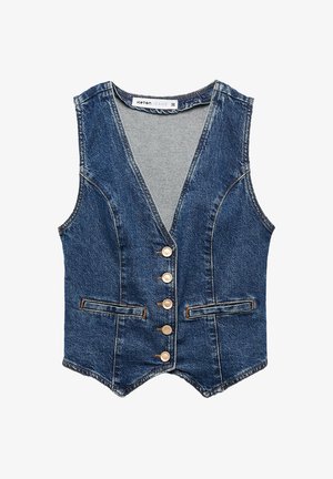 Farkkutakki, jossa on V-aukko, viisi etupainiketta, kaksi etutaskua ja hieman kaareva helma. Tummansininen väri oransseilla ompeleilla.