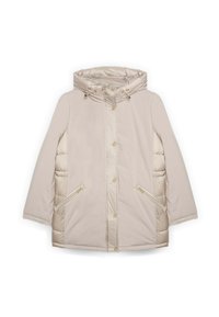 Krémový prošívaný kabát s odnímatelnou kapucí, zlatou kovovou bižuterií, zipovými bočními kapsami a kombinací hladkých a prošívaných textur.