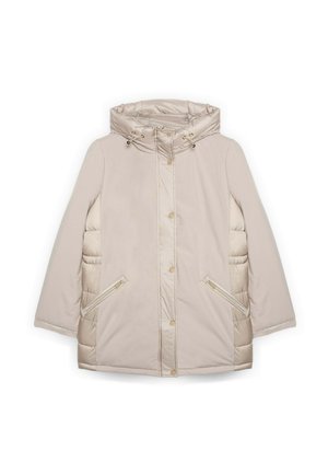 Cappotto imbottito beige con cappuccio staccabile, accessori dorati, tasche laterali con zip e una combinazione di texture lisce e trapuntate.