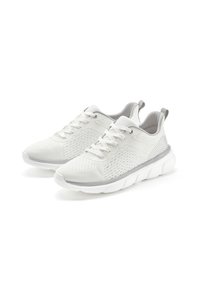 White athletic shoes with textured mesh upper, reflective accents, padded collar, and a cushioned outsole for comfort. Lace-up design.